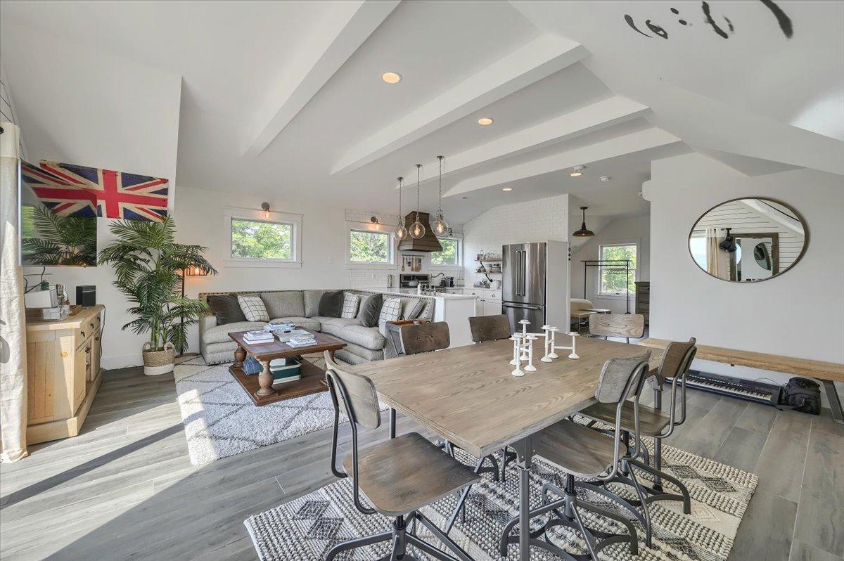 Barn apartment living area at The Maple Overlook — couple suite for intimate weddings, vaulted beamed ceiling, upstate New York