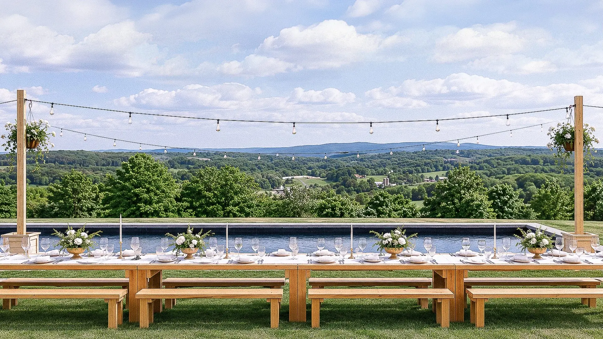 Outdoor wedding reception table with string lights, pool and valley views at The Maple Overlook
